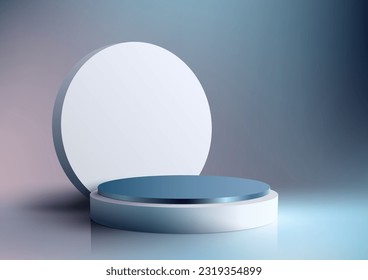 3D realistic empty white and blue podium stand with circle decoration backdrop on blue background and natural lighting. Use for product display presentation, beauty cosmetic, showcase, etc. Vector