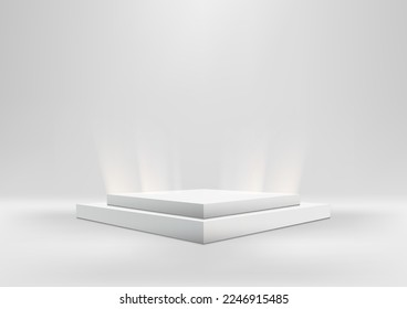 3D realistic empty white box podium or pedestal stand product display with lighting effect on clean background. You can use for cosmetic mockup presentation, promotion sale and marketing, etc, Vector