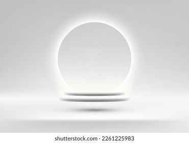 3D realistic empty white cylinder podium pedestal stand floating in the air with glowing neon light circle backdrop on minimal wall scene white background. Product display for beauty cosmetic, show