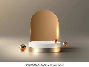 Decoración de podio blanco y dorado 3D realista con bolas de oro en el fondo de la habitación estudio estilo moderno de lujo. Uso para presentación de productos, cosmética de belleza, escaparate, etc. Vector