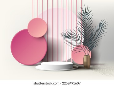 3D realistic empty white podium pedestal stand with pink geometric circles backdrop decoration gold vase, palm leaves on clean background with lighting and shadow. You can use for product presentation