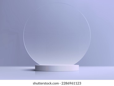 Plataforma de podio blanco 3D realista con fondo de vidrio transparente de círculo geométrico sobre fondo azul y luz natural de estilo mínimo. Se puede utilizar para presentaciones estéticas de belleza, escaparate