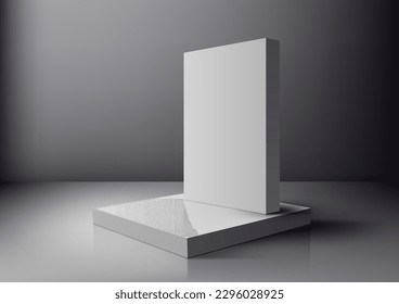 3D realistic empty white podium platform product display with rectangle backdrop on gray background. You can use for beauty cosmetic presentation, showcase mockup, showroom, product stand promotion