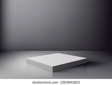 3D realistic empty white podium platform product display on gray background. You can use for beauty cosmetic presentation, showcase mockup, showroom, product stand promotion, etc. Vector illustration