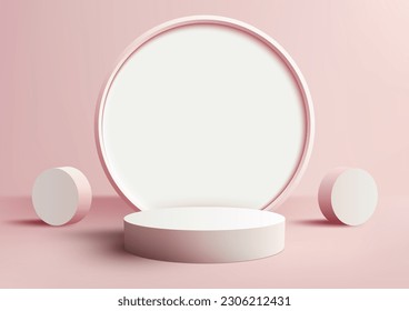 3D realistic empty white podium pedestal stand with circle backdrop decoration with geometric elements on pink background. Use for product display presentation, cosmetic display mockup, showcase