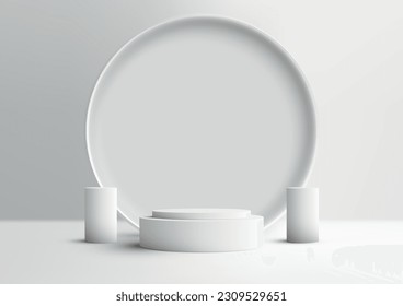 3D realistic empty white podium stand with circle backdrop decoration with geometric elements on white background and natural lighting. You can use for beauty cosmetic presentation, showcase mockup