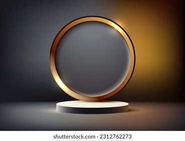 3D realistic empty white podium with gold circle border backdrop on dark background and lighting effect modern luxury style. Use for product display presentation mockup, beauty cosmetic, showcase, etc