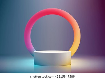 3D realistic empty white podium stand with circle colorful backdrop on blue and purple gradient background. Product display for beauty cosmetic advertising, mockup product showcase, business. Vector