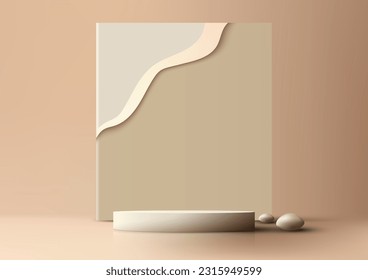 3D realistic empty white podium platform stand and brown rectangle paper backdrop decoration with rock on beige background minimal style. Use for beauty cosmetic presentation, showcase mockup. Vector
