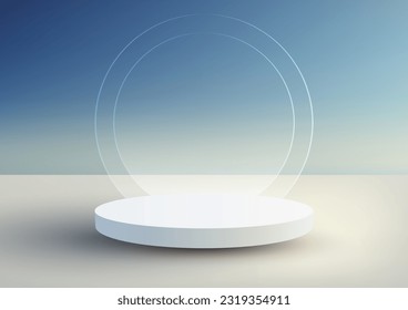 3D realistic empty white podium stand with glass circle backdrop minimal wall scene on blue sky background and natural lighting. You can use for product display presentation, cosmetic. Vector
