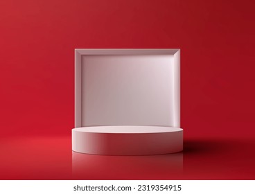 3D realistic empty white podium pedestal stand with square box backdrop on red background. You can use for product display presentation, cosmetic display, showcase, media banner, etc. Vector