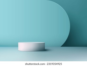 Base de podio blanco 3D realista sobre fondo azul e iluminación natural. Uso para presentación de productos maquillaje, belleza cosmética, escaparate, etc. Ilustración vectorial