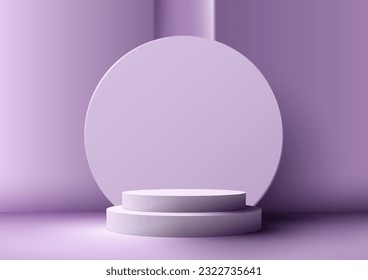 3D realistic empty white podium stand with circle backdrop on purple background. Use for beauty cosmetic presentation, showcase mockup, showroom, product stand promotion, etc. Vector illustration