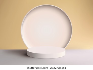 3D realistic empty white podium stand with white circle backdrop on yellow background and lighting minimal style. Use for beauty cosmetic presentation, showcase mockup, showroom. Vector