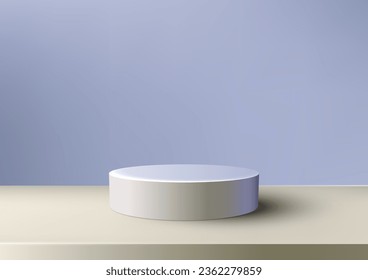 3D realistic empty white podium stand minimal wall scene on blue pastel color background. Vector illustration