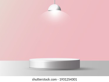 3D realistic empty white round pedestal mockup with lamp on soft pink background. Winner podium stage for award ceremony concept. Vector illustration