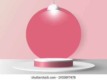 3D realistic empty white round pedestal mockup with lamp on soft pink background and circle backdrop. Winner podium stage for award ceremony concept. Vector illustration