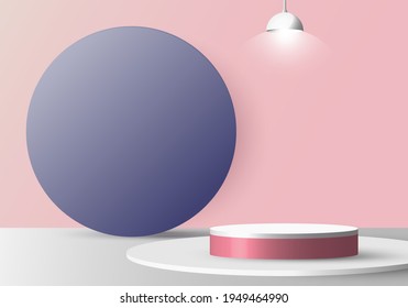 3D realistas mofa de peatón blanco redondo y blanco con lámpara sobre fondo rosa suave y fondo de círculo azul. Escenario de podio ganador para el concepto de la ceremonia de premiación. Ilustración del vector