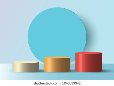 3D Realistic Empty White, Yellow, Red Round Step Pedestal Mockup With Blue Circle Backdrop. Winner Podium Stage For Award Ceremony Concept. Vector Illustration