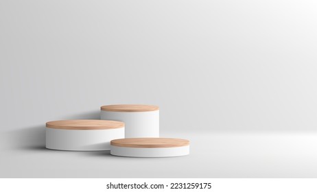 3D realistic empty wood grain top white podium pedestal on white background with lighting and shadow. You can use for product presentation, cosmetic display mockup, showcase, etc. Vector illustration