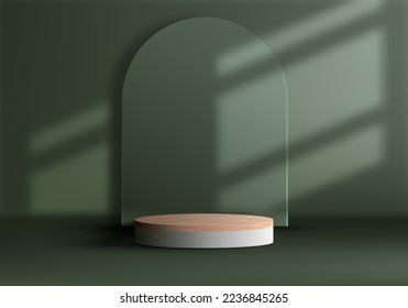 Soporte de pedestal de podio blanco superior de grano de madera 3D realista sobre fondo verde con iluminación y sombra de ventana. Se puede utilizar para presentaciones de productos, simulación de pantalla cosmética, escaparate, etc. Vector