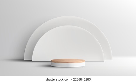 3D realistic empty wood grain top white podium pedestal with semicircle backdrop on white background with lighting and shadow. You can use for product presentation, cosmetic display mockup, showcase