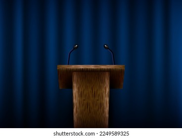 3D realistic empty wooden announcement lecture speech podium or pedestal stand with microphone on blue curtain background. Vector illustration