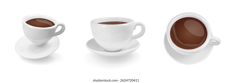 3d realistic espresso coffee in white cups top and side view. 3d espresso ceramic mug set. Realistic vector isolated on white