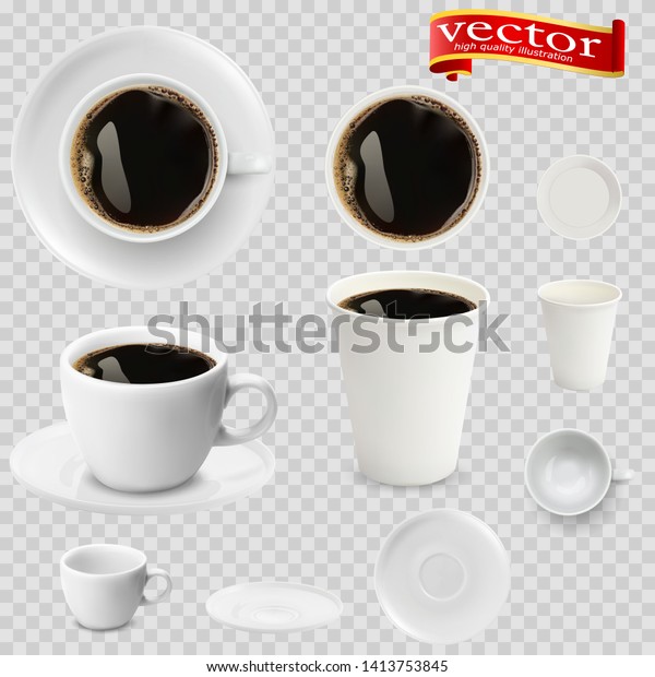 3d realistic espresso\
coffee in white cups view from the top and side. Espresso coffee in\
white paper Cups. A Cup of espresso coffee and saucer, top view,\
realistic vector