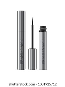 3d realistic eyeliner pen vector in chrome silver case. Cosmetics package. Elegant Liquid lipliner with brush. Mock up template isolated on white. Decorative cosmetic product.