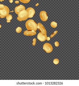 3d realistic falling golden metallic coins, dollar sign. Transparent background. Vector illustration.