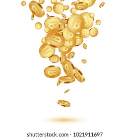 3d realistic falling golden metallic bitcoins, cryptocurrency sign. Isolated on white background. Vector illustration.