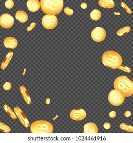 3d realistic falling golden metallic bitcoins, cryptocurrency sign. Isolated on transparent background. Vector illustration.