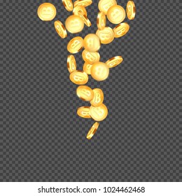 3d realistic falling golden metallic bitcoins, cryptocurrency sign. Isolated on transparent background. Vector illustration.