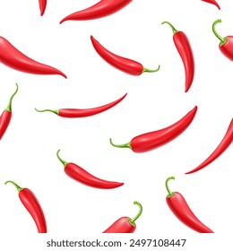 3D realistic falling red chilly peppers seamless pattern on white background.