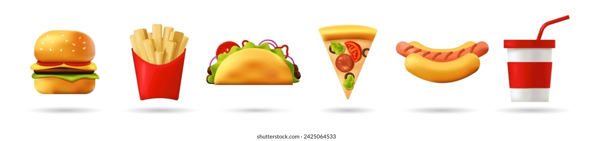 Conjunto de iconos de comida rápida 3d realistas. Hamburguesa, Patatas Fritas, Taco, Pizza, Perrito Caliente, Refresco. Ilustración vectorial de moda.