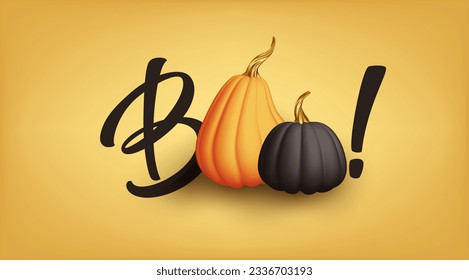 3d realistic festive Halloween Illustration. Word Boo, orange and black Halloween pumpkins. Vector Illustration EPS10