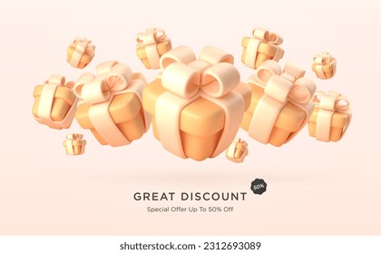 3d realistic festive yellow gift boxes with ribbon and bow. Presents banner advertisement flyer template. Vector illustration.