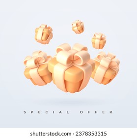 3d realistic festive yellow gift boxes with ribbon and bow. Presents banner advertisement flyer template. Vector illustration.