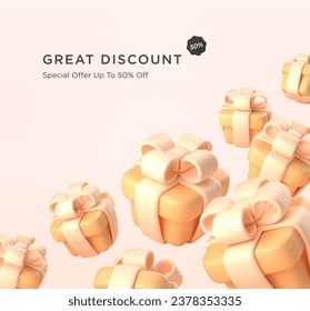 3d realistic festive yellow gift boxes with ribbon and bow. Presents banner advertisement flyer template. Vector illustration.