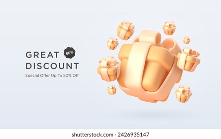 3d realistic festive yellow gift boxes with ribbon and bow. Presents banner advertisement flyer template. Vector illustration.
