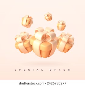 3d realistic festive yellow gift boxes with ribbon and bow. Presents banner advertisement flyer template. Vector illustration.