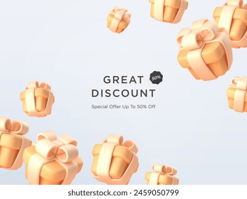3d realistic festive yellow gift boxes with ribbon and bow. Presents banner advertisement flyer template. Vector illustration.