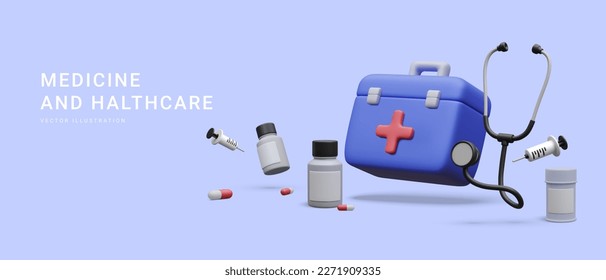 3d realistic first aid kit with stethoscope, pill boxes and syringe isolated on blue background. Vector illustration