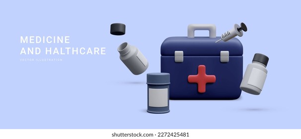 3d realistic first aid kit with pill boxes and syringe isolated on blue background. Vector illustration