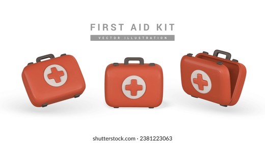 3d realistic first aid kit, emergency box in cartoon style. Hospital doctor care bag. Symbol of safety, urgency help. Pharmacy advertisement. Vector illustration.