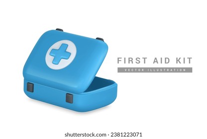 3d realistic first aid kit, emergency box in cartoon style. Hospital doctor care bag. Symbol of safety, urgency help. Pharmacy advertisement. Vector illustration.