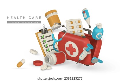 3d kit realista de primeros auxilios, caja de emergencia al estilo de las caricaturas. Bolso de atención de médicos del hospital. Símbolo de seguridad, ayuda urgente. Publicidad en farmacia. Ilustración vectorial.