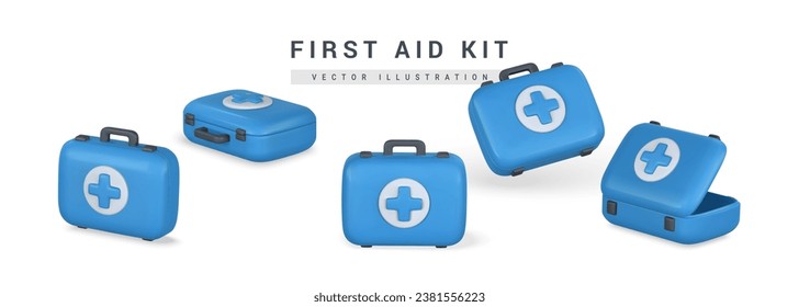 3d realistic first aid kit, emergency box in cartoon style. Hospital doctor care bag. Symbol of safety, urgency help. Pharmacy advertisement. Vector illustration.