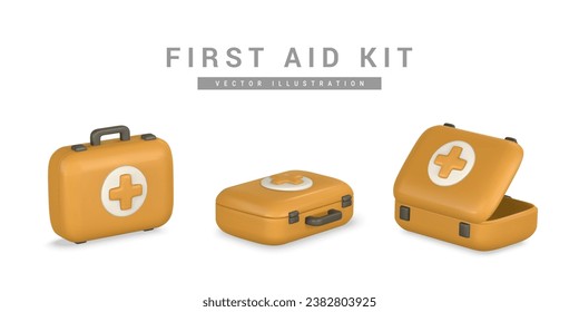 3d realistic first aid kit, emergency box in cartoon style. Hospital doctor care bag. Symbol of safety, urgency help. Pharmacy advertisement. Vector illustration.